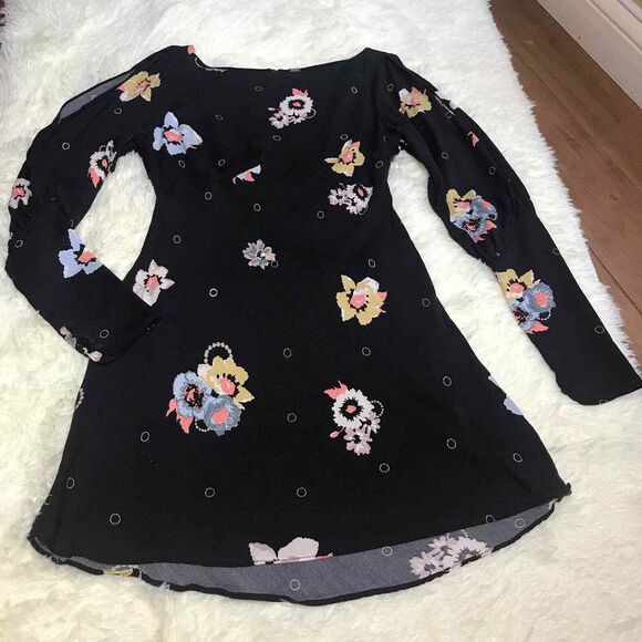 Free People Dress Womens 0 Black Floral‎ Long Split Sleeves Keyhole - Picture 1 of 9